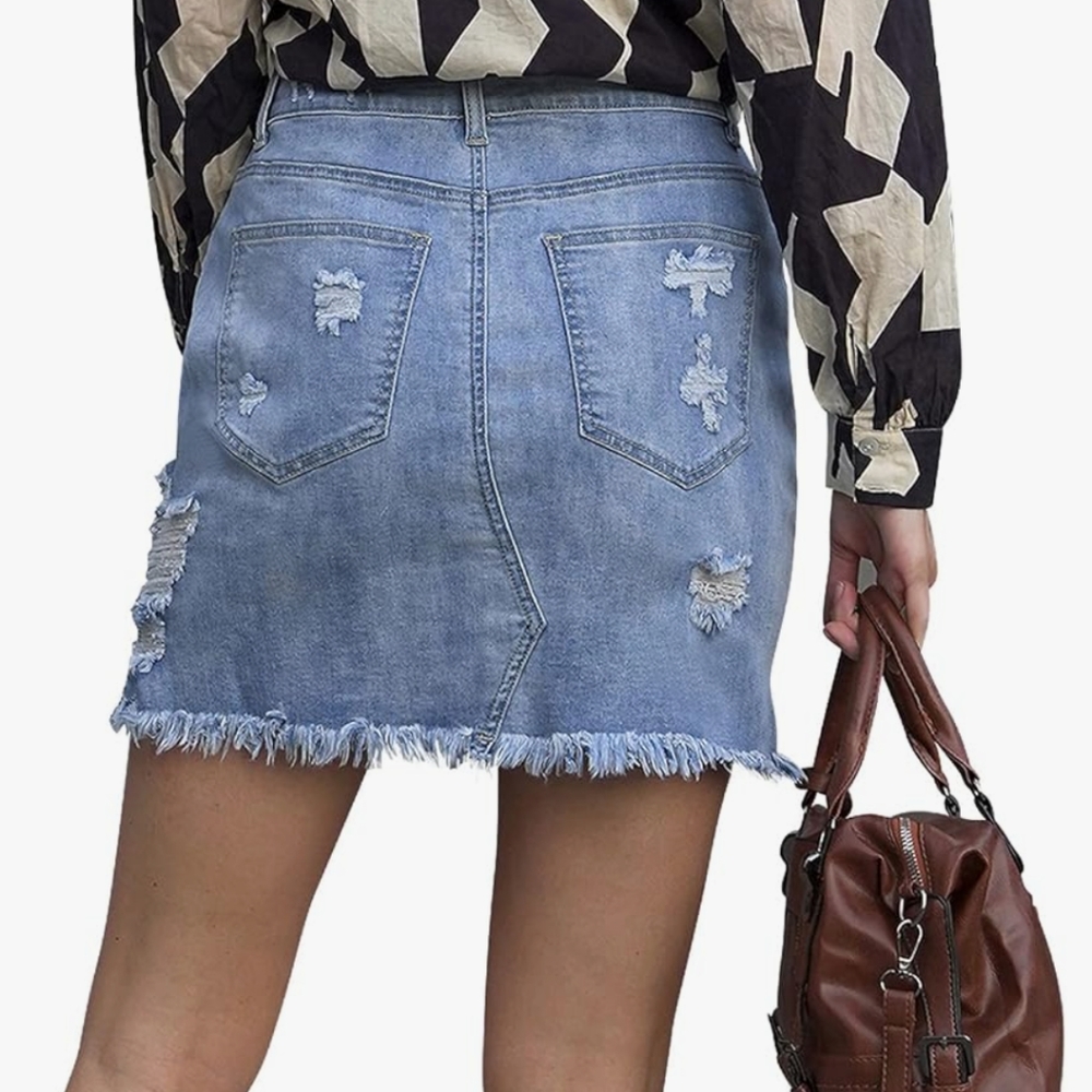 Stretchy Denim Jean Mini Skirt, Distressed, S/ M, Fringed Fitted Stretch Cotton - Picture 6 of 12
